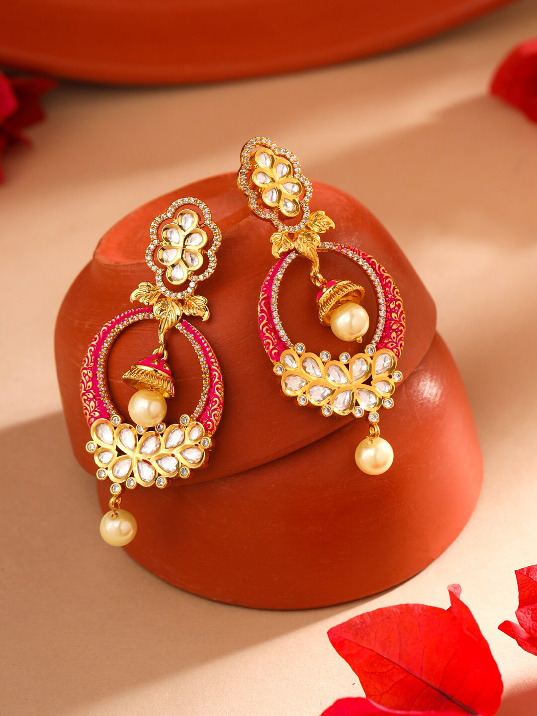 

Tistabene Gold-Plated Kundan Contemporary Chandbalis Earrings, Pink