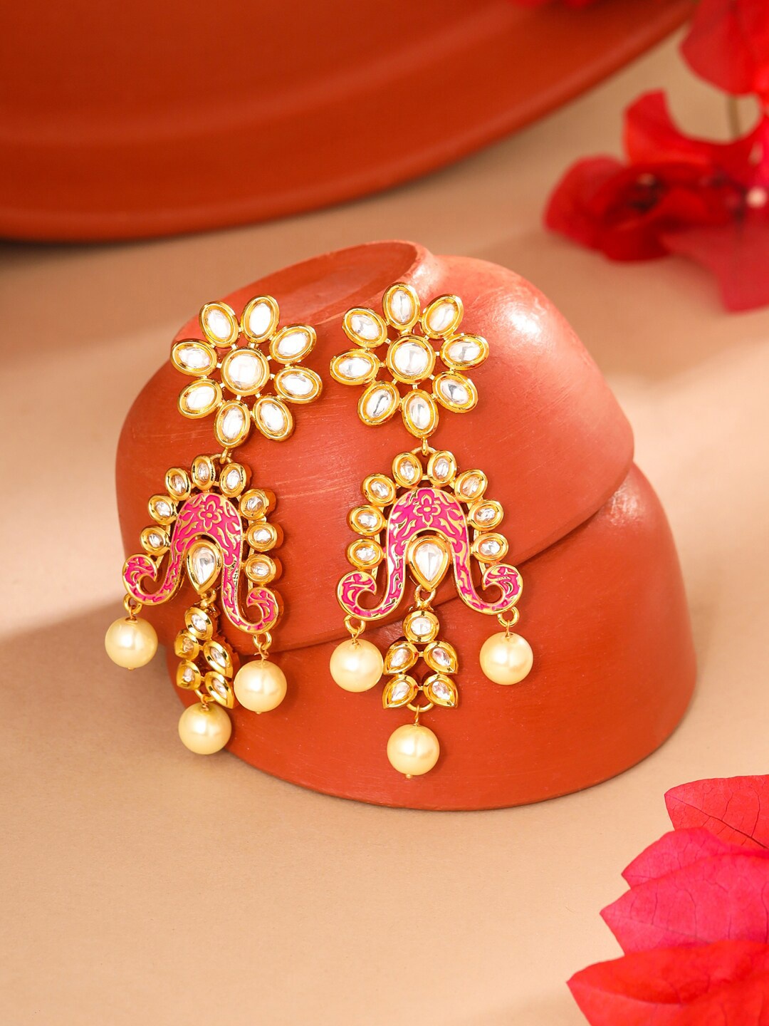 

Tistabene Gold-Plated Meenakari Contemporary Drop Earrings, Pink