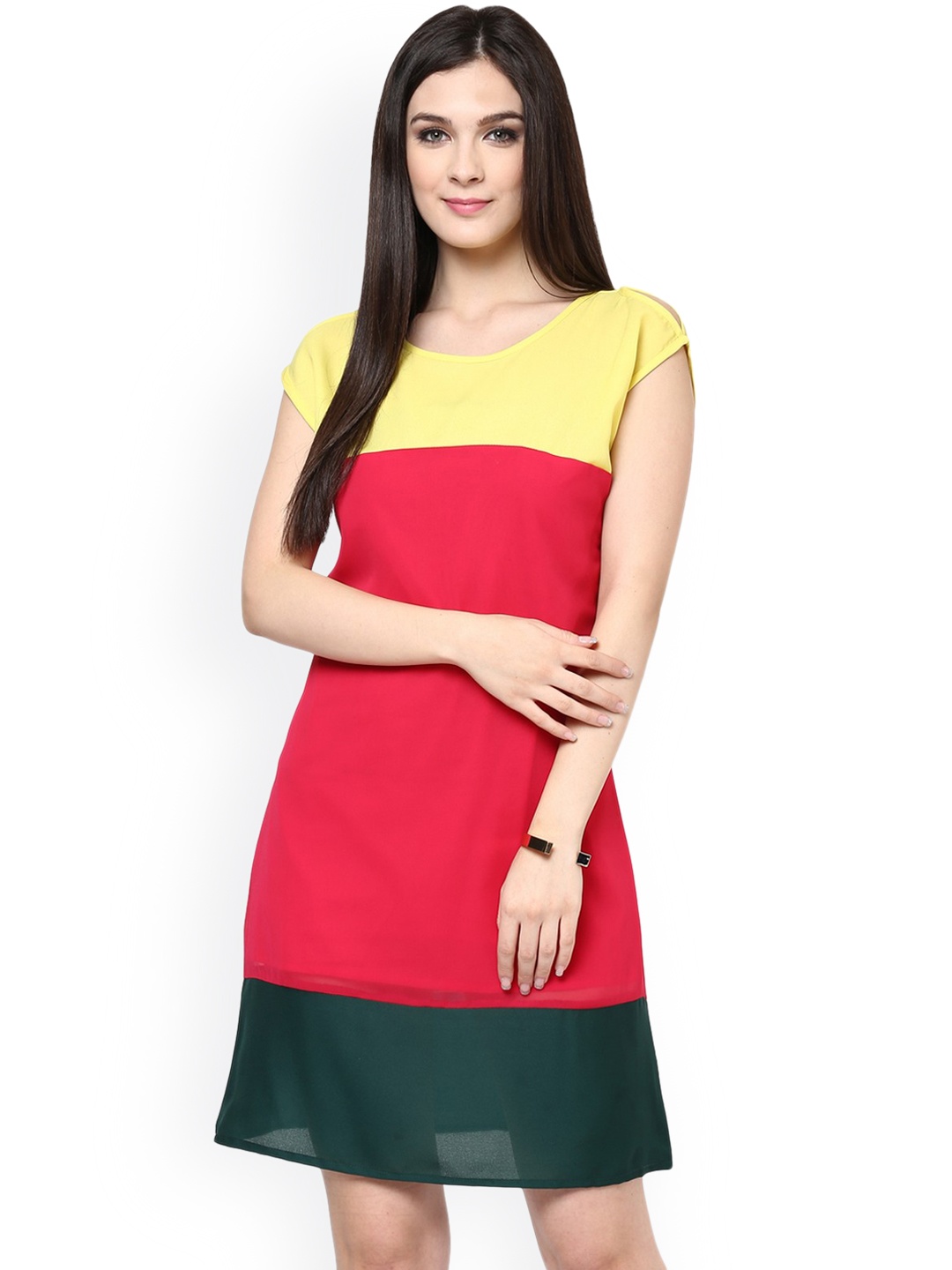 

Zima Leto Women Pink & Yellow Colourblocked A-Line Dress