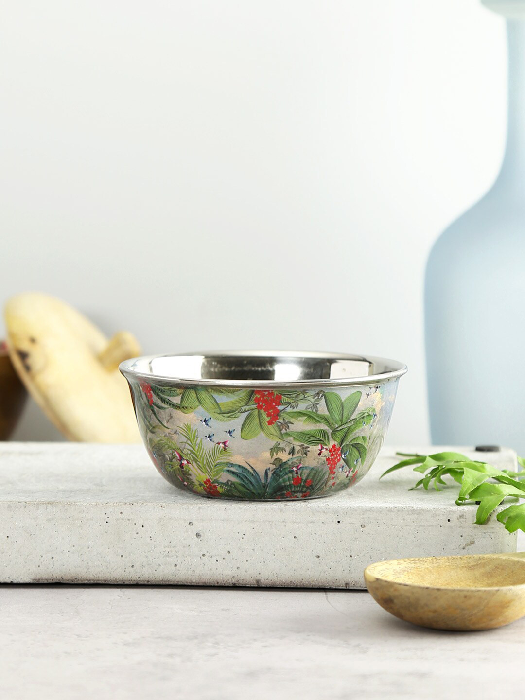 

India Circus by Krsnaa Mehta Beige & Green Tropical Stainless Steel Matte Bowl 200 ml