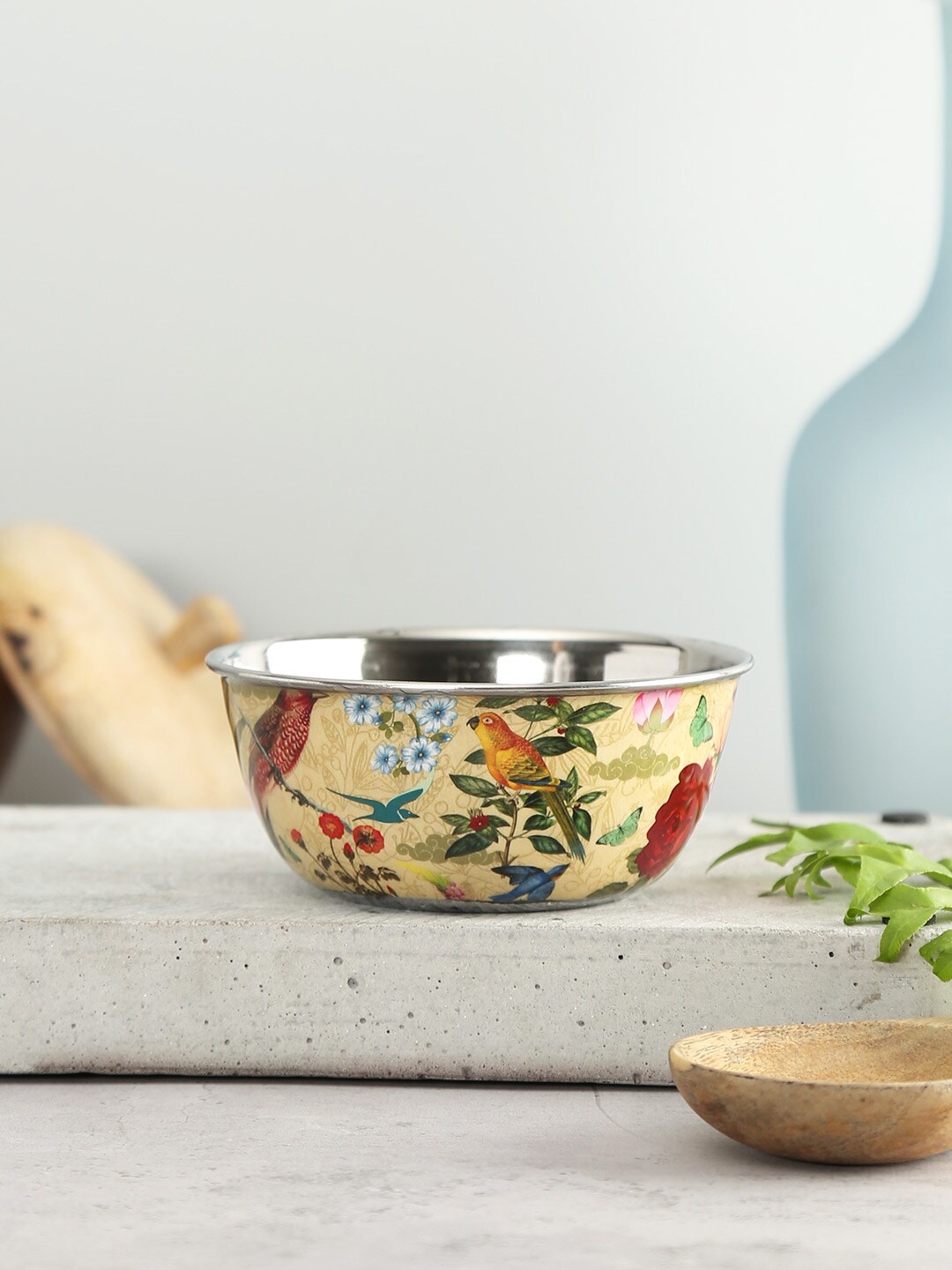 

India Circus by Krsnaa Mehta Cream Floral Printed Stainless Steel Matte Bowl 200 ml