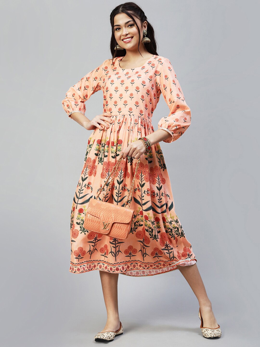 

SKYLEE Women Floral Printed Muslin Ethnic Dress, Orange
