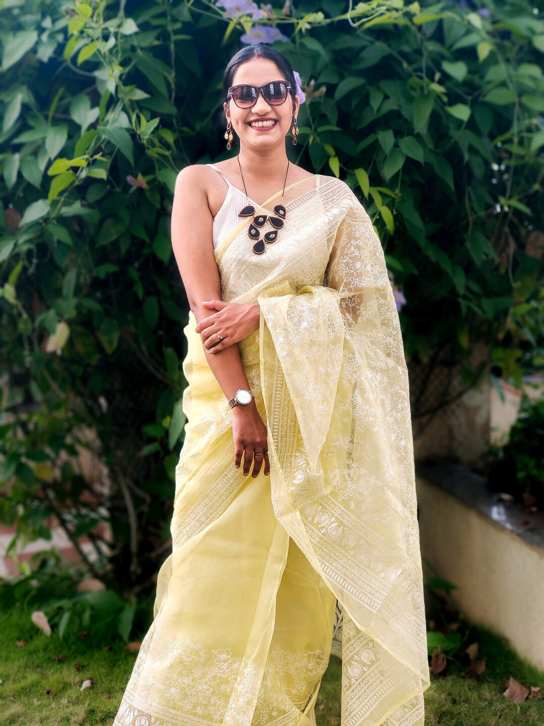 

Apaapi Threads of glory Floral Embroidered Organza Saree, Yellow