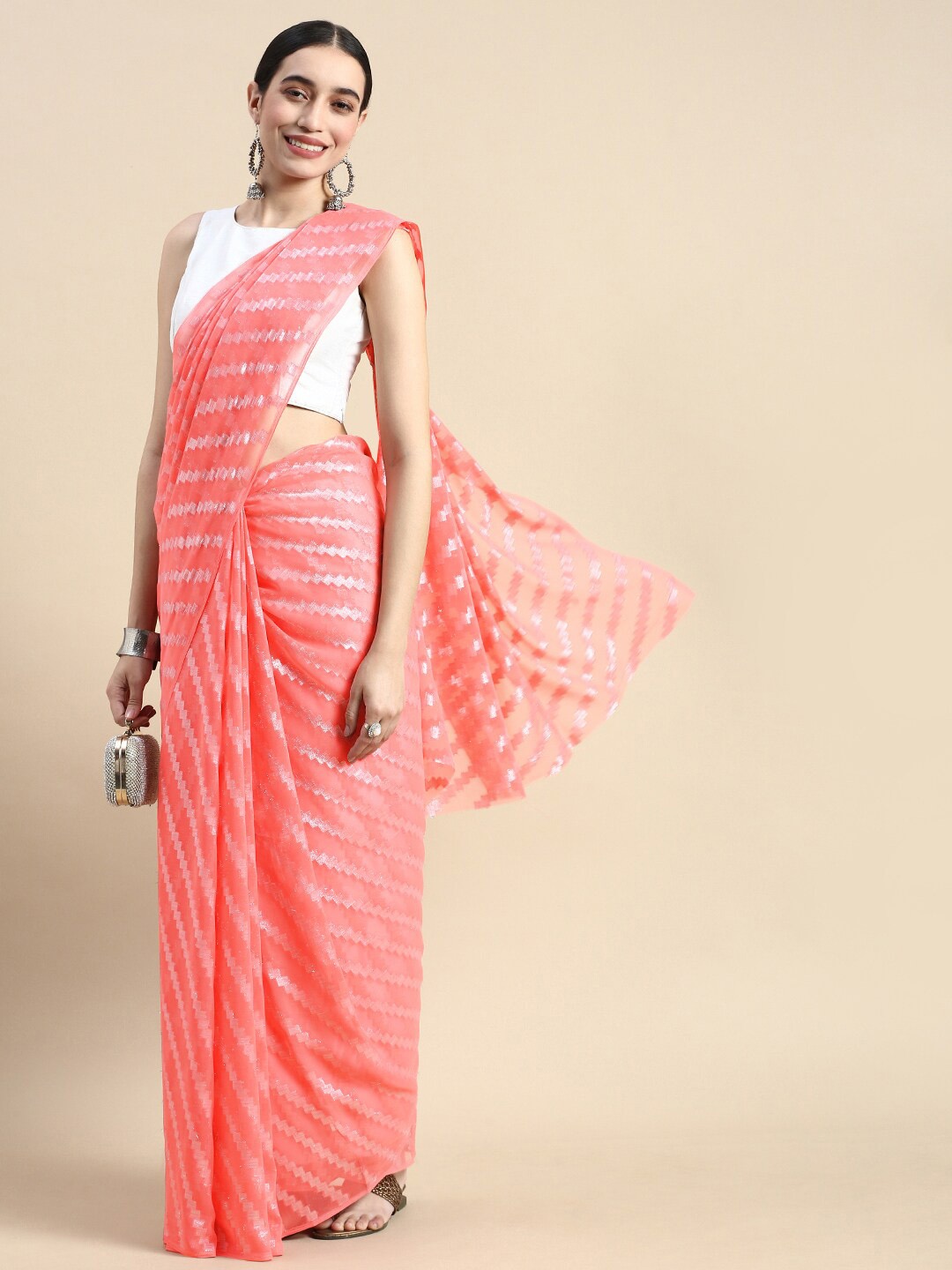 

WILORI Woven Design Zari Saree, Coral