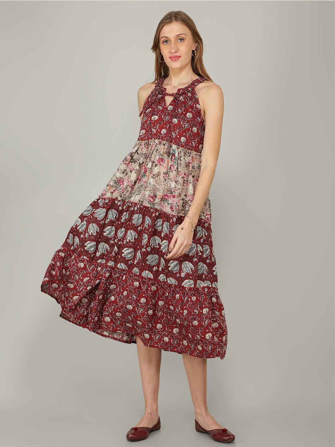 

NAVIYATA Floral Printed Layered Fit And Flare Midi Cotton Dress, Maroon