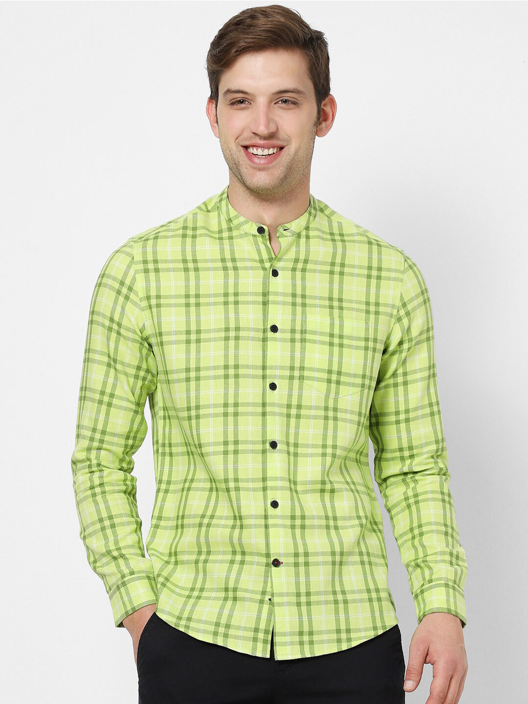 

VASTRADO Men Collarless Tartan Checked Casual Cotton Shirt, Green