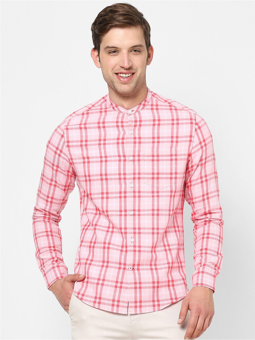

VASTRADO Men Collarless Checked Casual Cotton Shirt, Pink