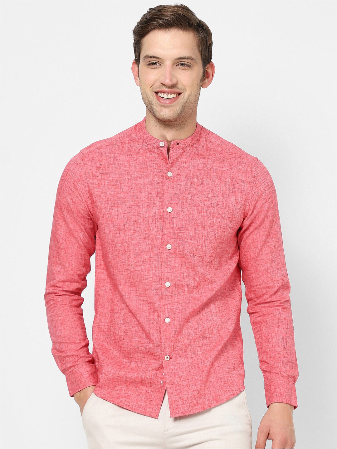 

VASTRADO Men Collarless Casual Cotton Shirt, Coral