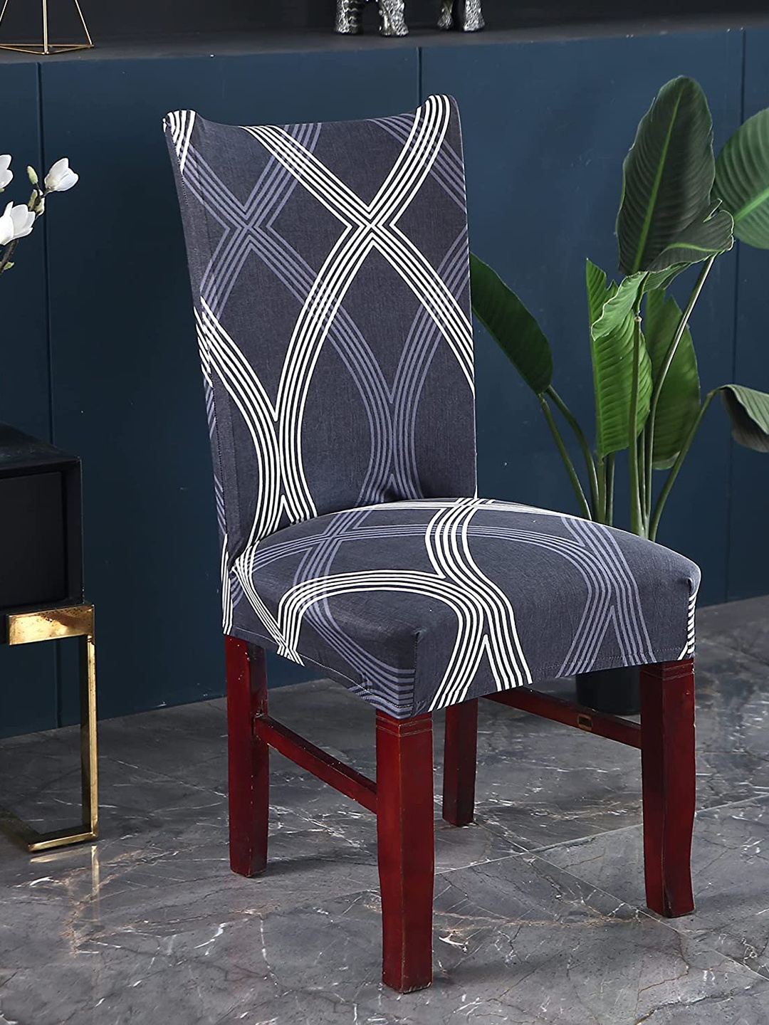 

HOUSE OF QUIRK Set Of 6 Grey Printed Stretch Removable Chair Covers