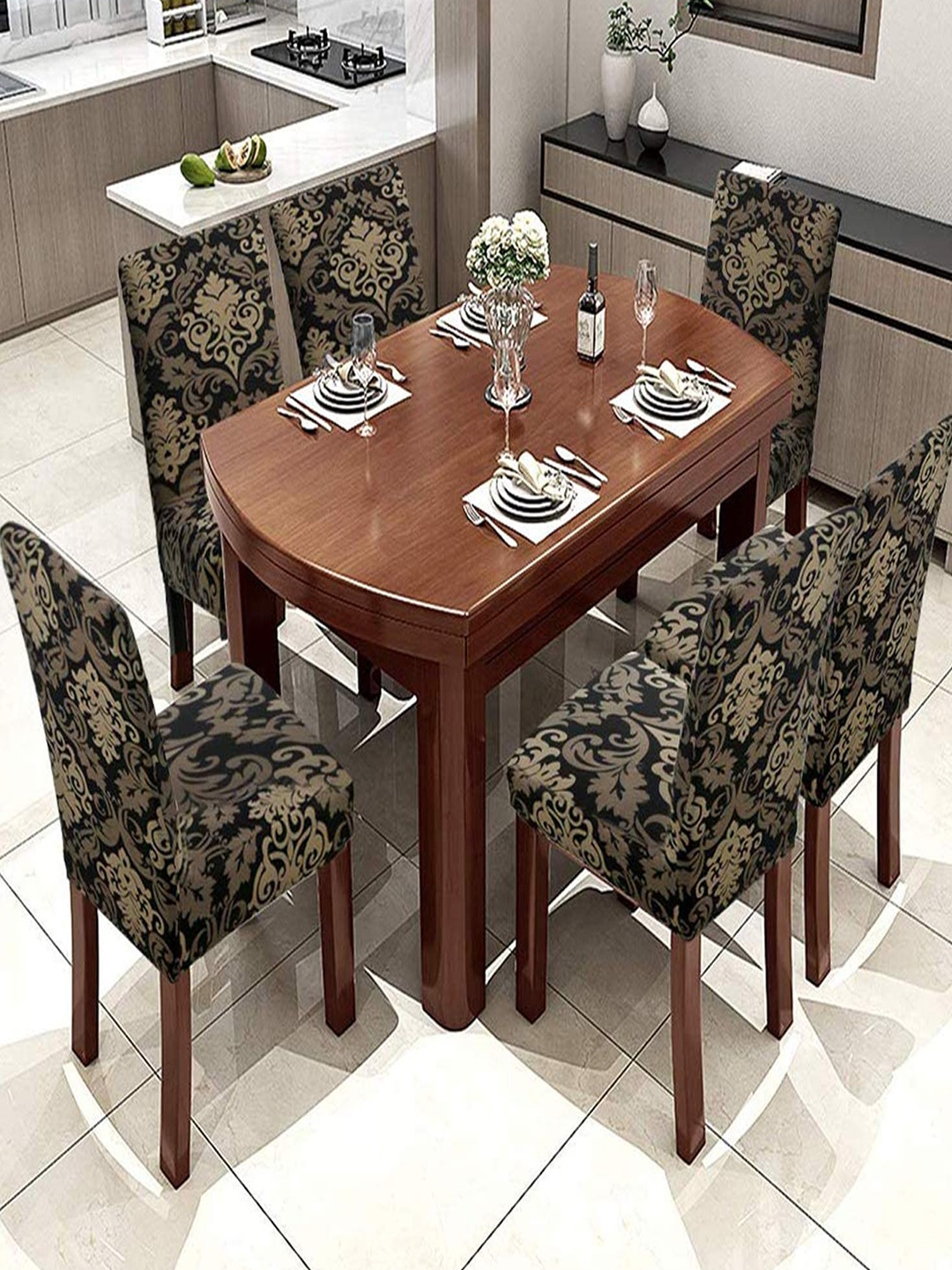 

HOUSE OF QUIRK Set Of 6 Printed Removable Chair Covers, Black