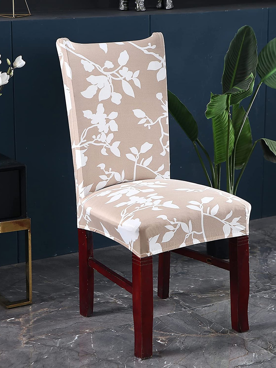 

HOUSE OF QUIRK Set Of 6 Cream Printed Stretch Removable Chair Covers