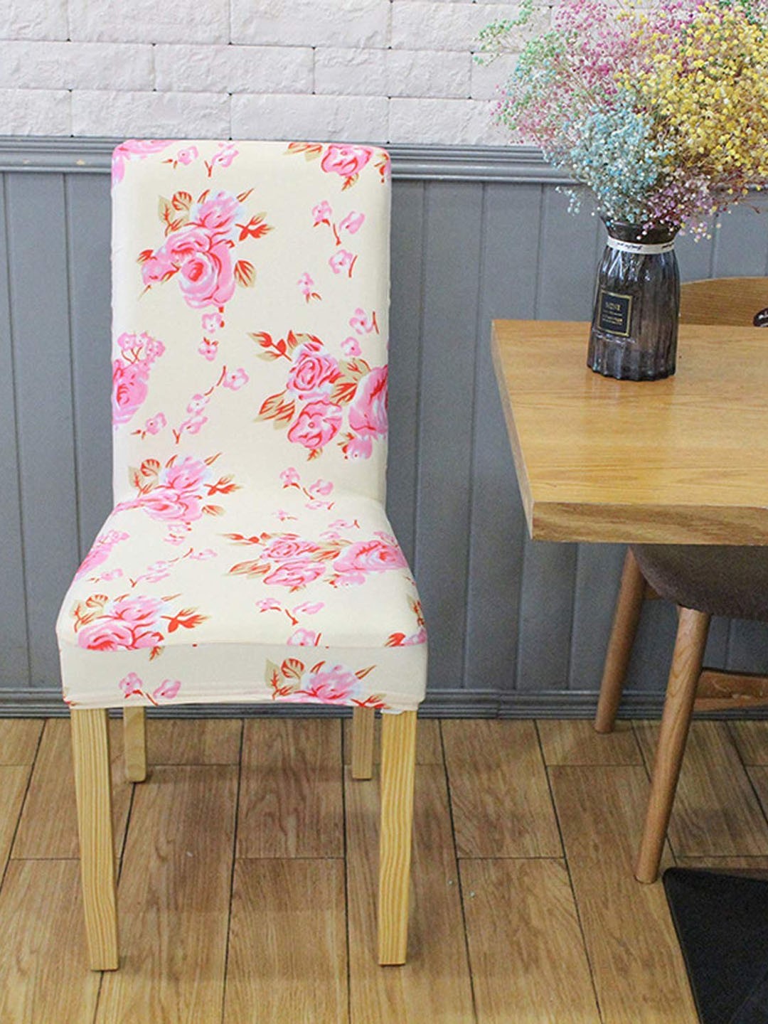 

HOUSE OF QUIRK Set Of 6 Pink & White Printed Removable Chair Covers