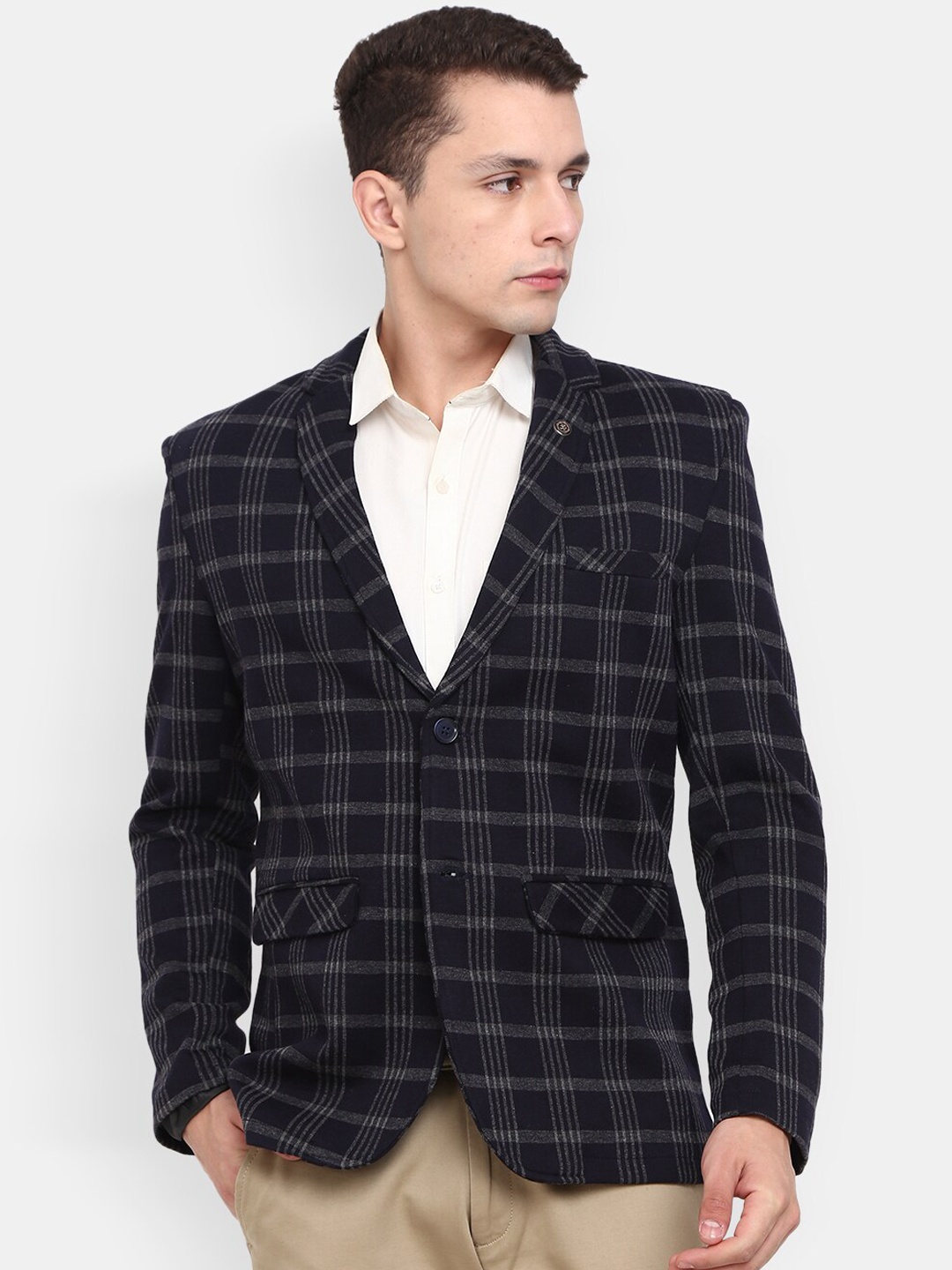 

V-Mart Men Checked Single-Breasted Casual Blazers, Navy blue