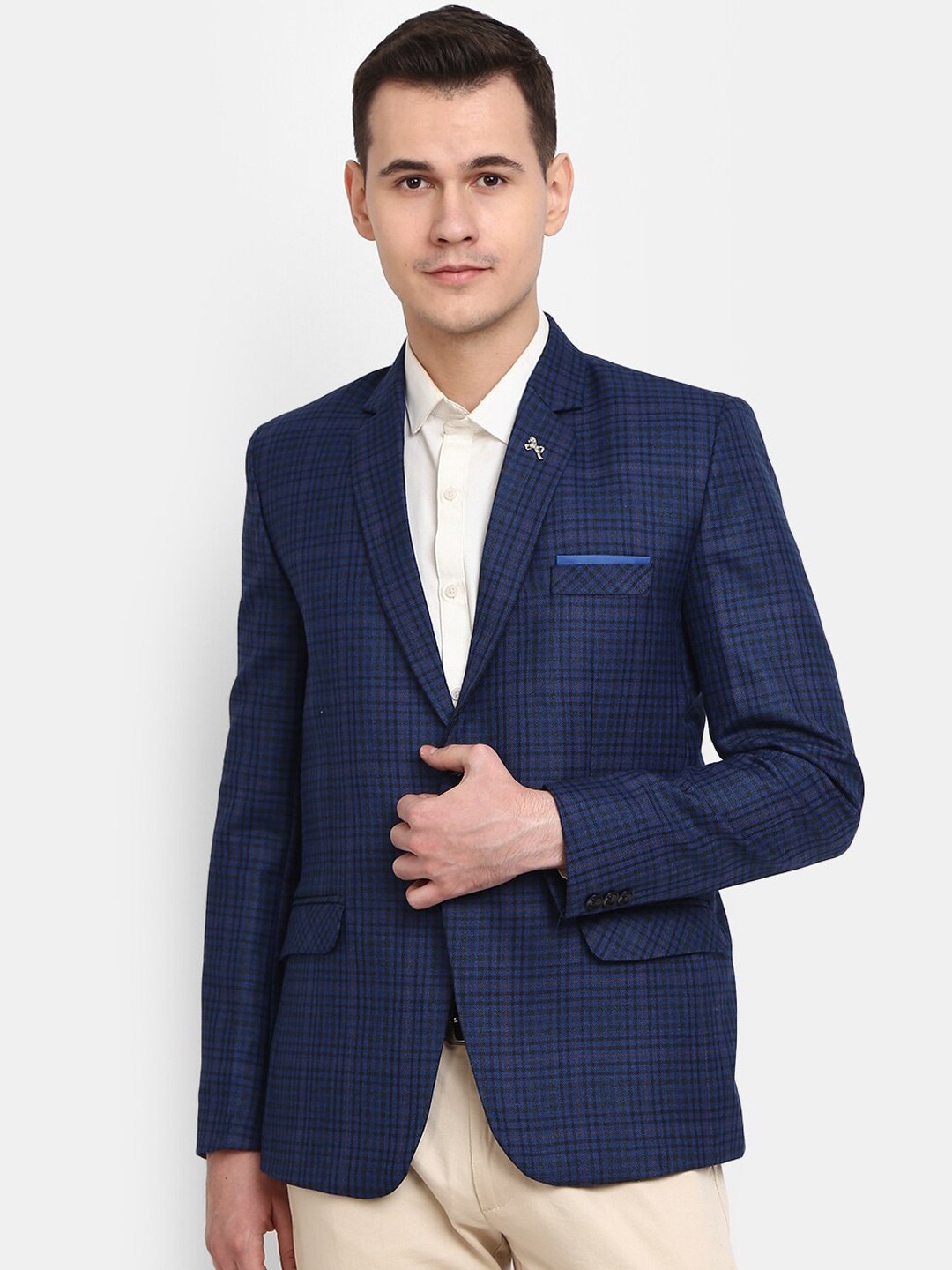 

V-Mart Men Checked Single-Breasted Notched Lapel Casual Blazer, Navy blue