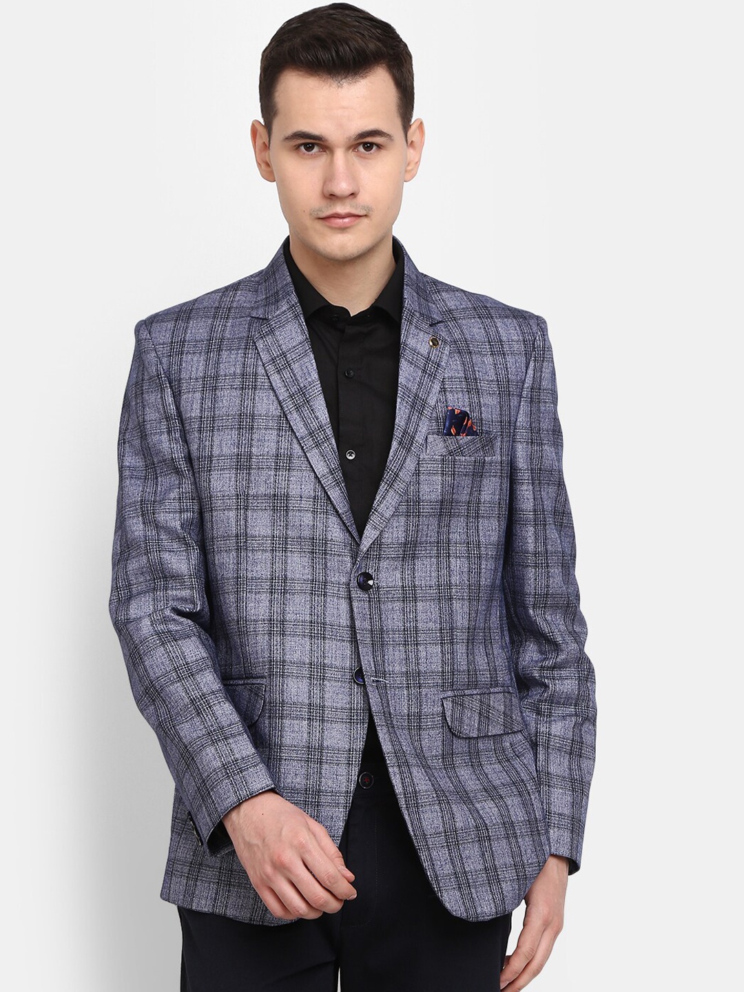 

V-Mart Men Checked Tweed Single-Breasted Notched Lapel Blazer, Grey