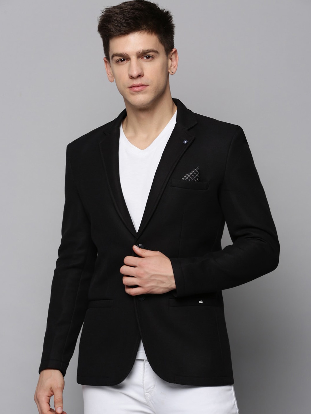 

SHOWOFF Men Cotton Dobby Notched Lapel Open-Front Blazer, Black
