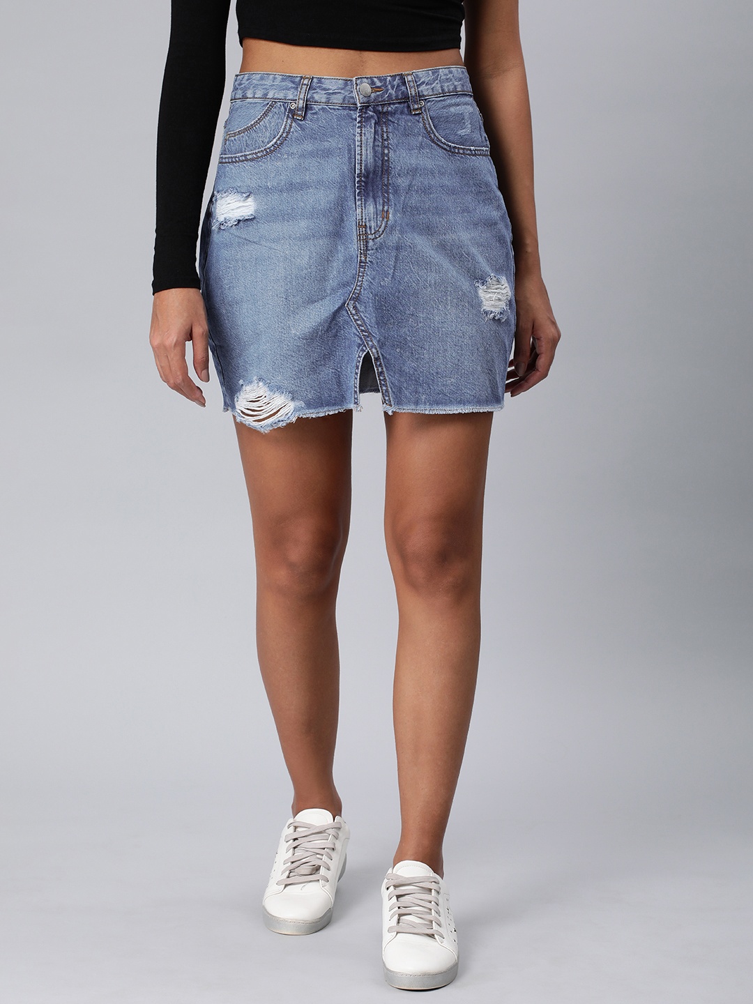 

London Rag Pure Cotton Distressed Straight Denim Mini Skirt, Blue