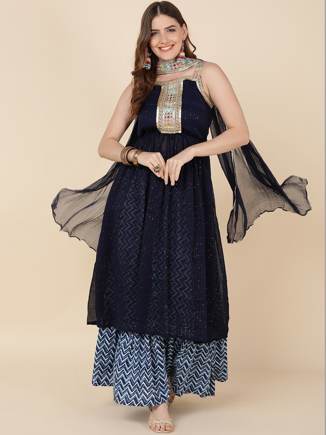

JAIPUR PRIME Ethnic Motifs Embroidered Mirror Work Kurta with Sharara & Dupatta, Blue