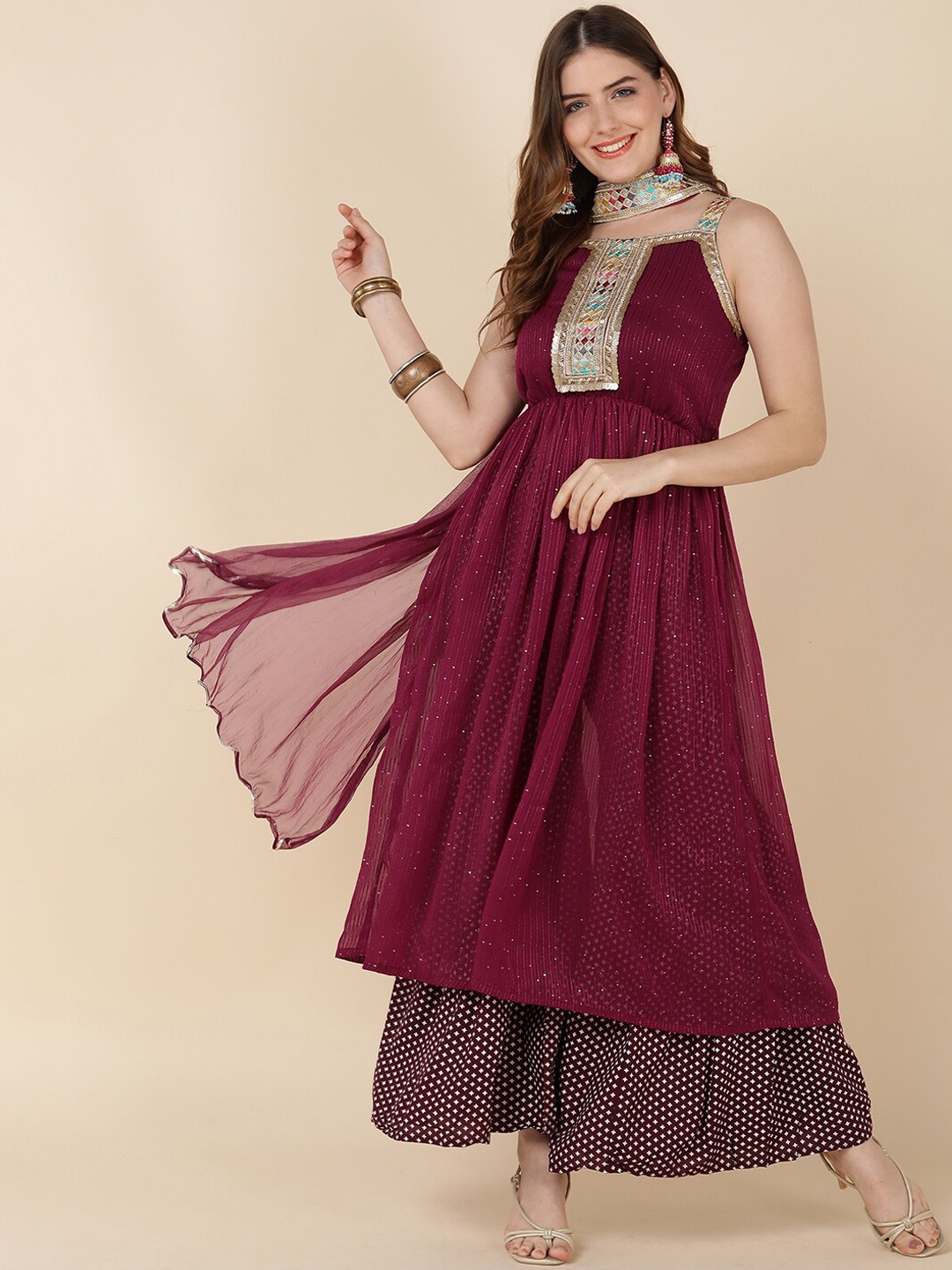 

JAIPUR PRIME Yoke Design Empire Kurta with Sharara & Dupatta, Maroon