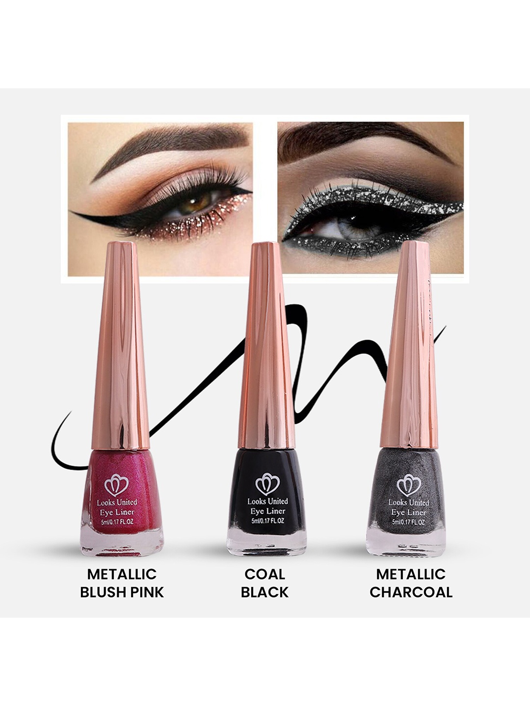 

Looks United Set Of 3 Metallic Long Lasting Intense Single Stroke Liquid Eyeliner-5ml Each, Pink