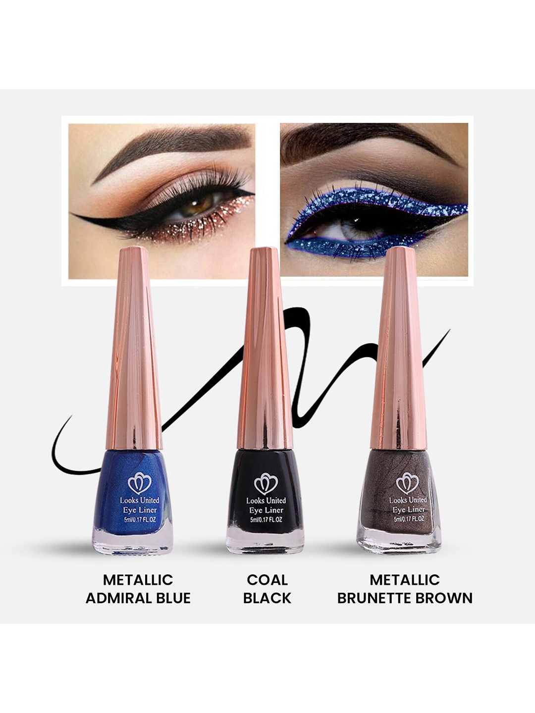 

Looks United Set Of 3 Metallic Long Lasting Intense Single Stroke Liquid Eyeliner-5ml Each, Blue