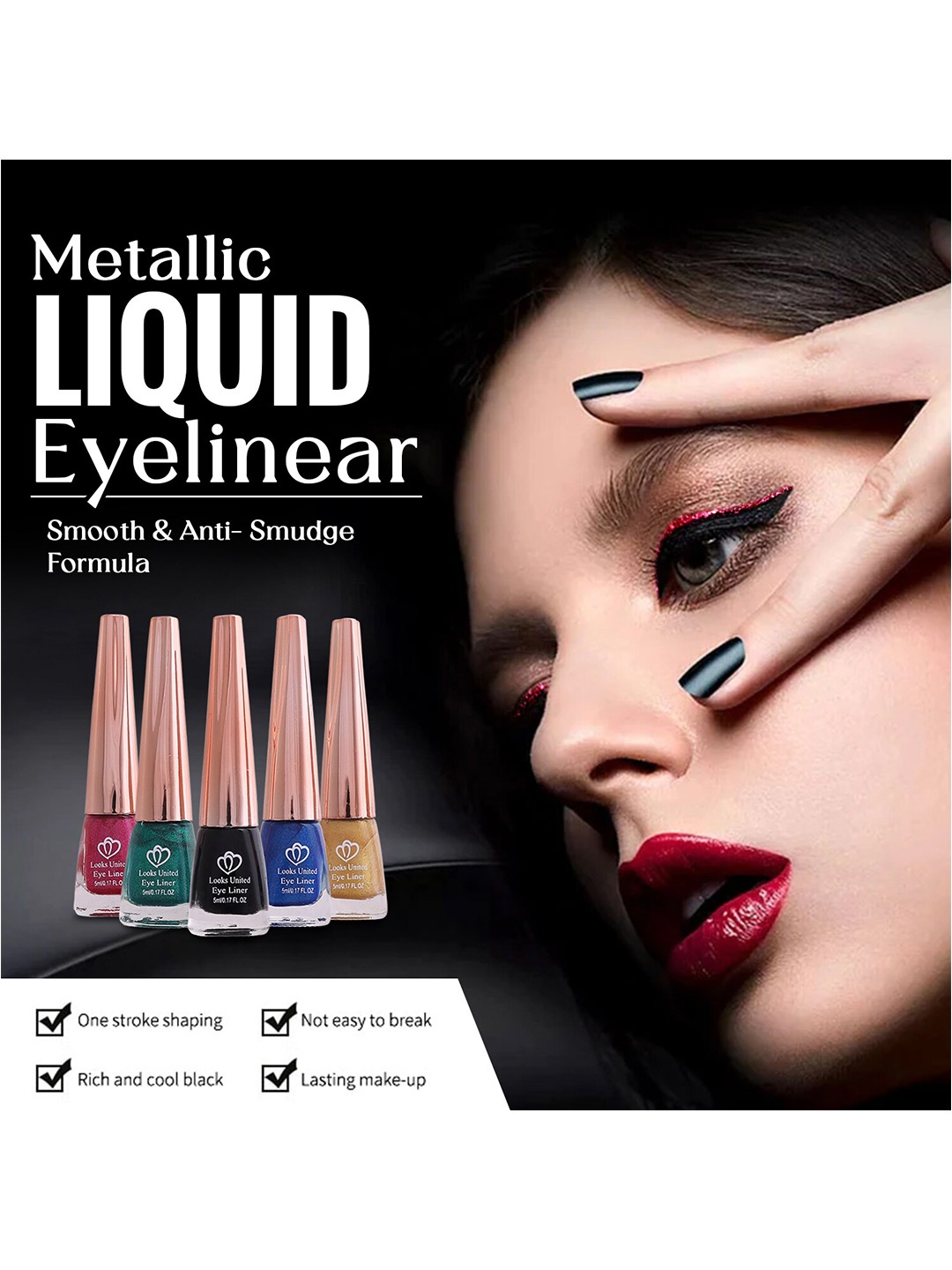 

Looks United Set Of 3 Metallic Long Lasting Intense Single Stroke Eyeliner 5ml Each, Pink