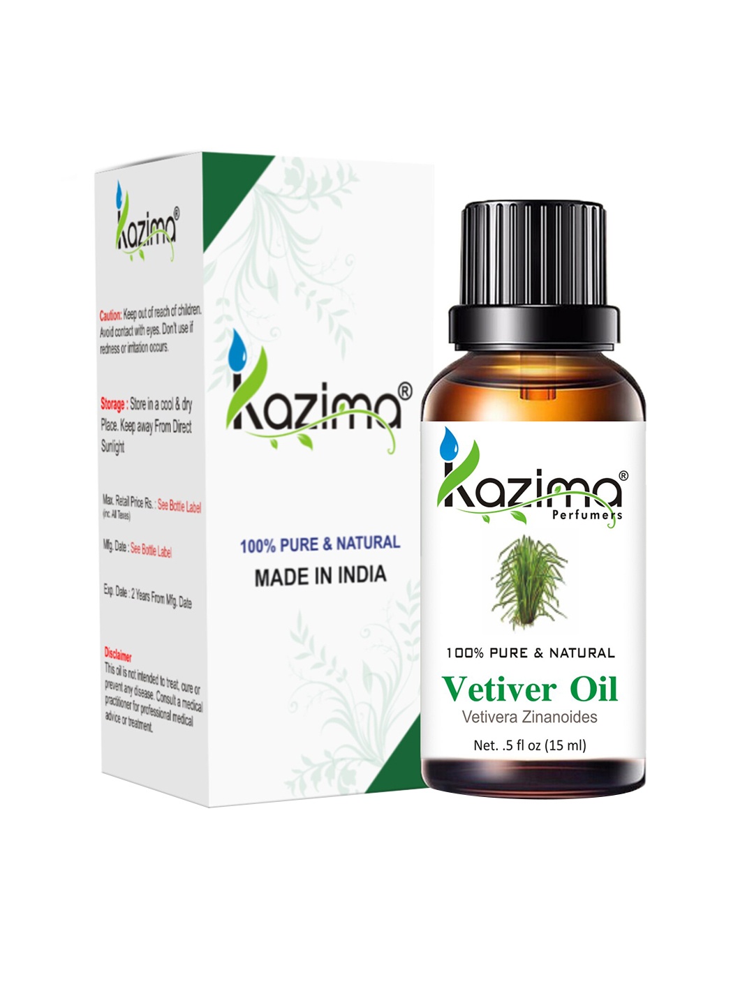 

KAZIMA 100% Pure Natural & Undiluted Vetiver Essential Oil 15 ml, White