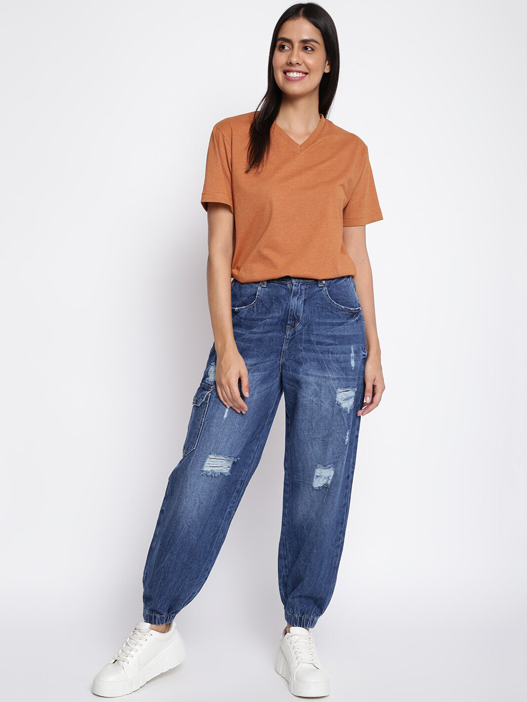 

TALES & STORIES Women Solid Cotton Regular Fit Joggers, Blue