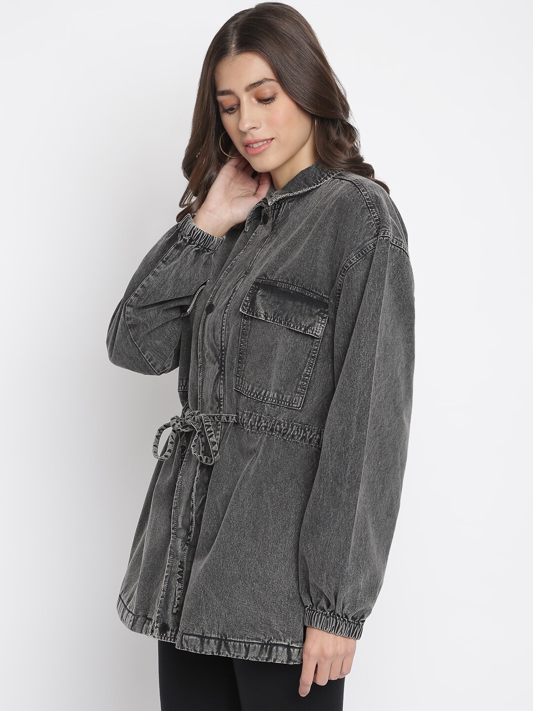 

TALES & STORIES Women Washed Lightweight Longline Denim Jacket, Grey