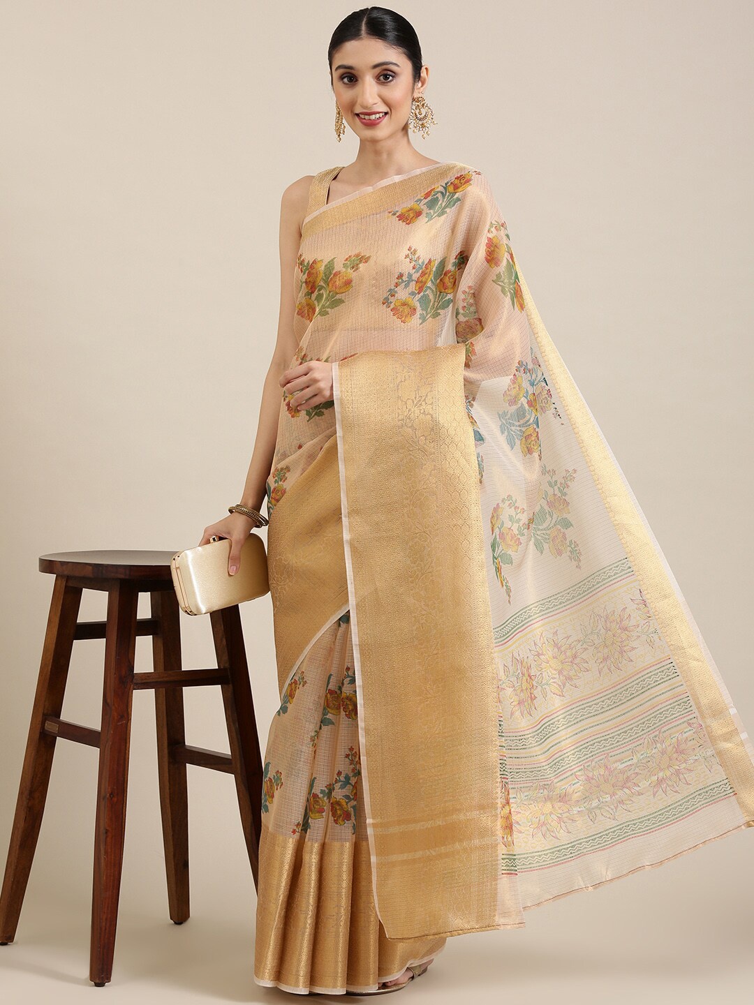 

Pavechas Floral Printed Jute Cotton Kota Zari Saree, Beige