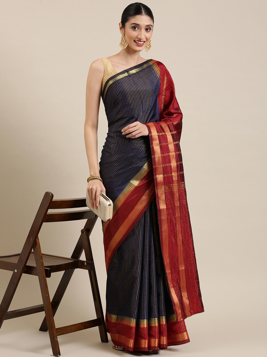 

Pavechas Striped Poly Silk Banarasi Saree, Navy blue