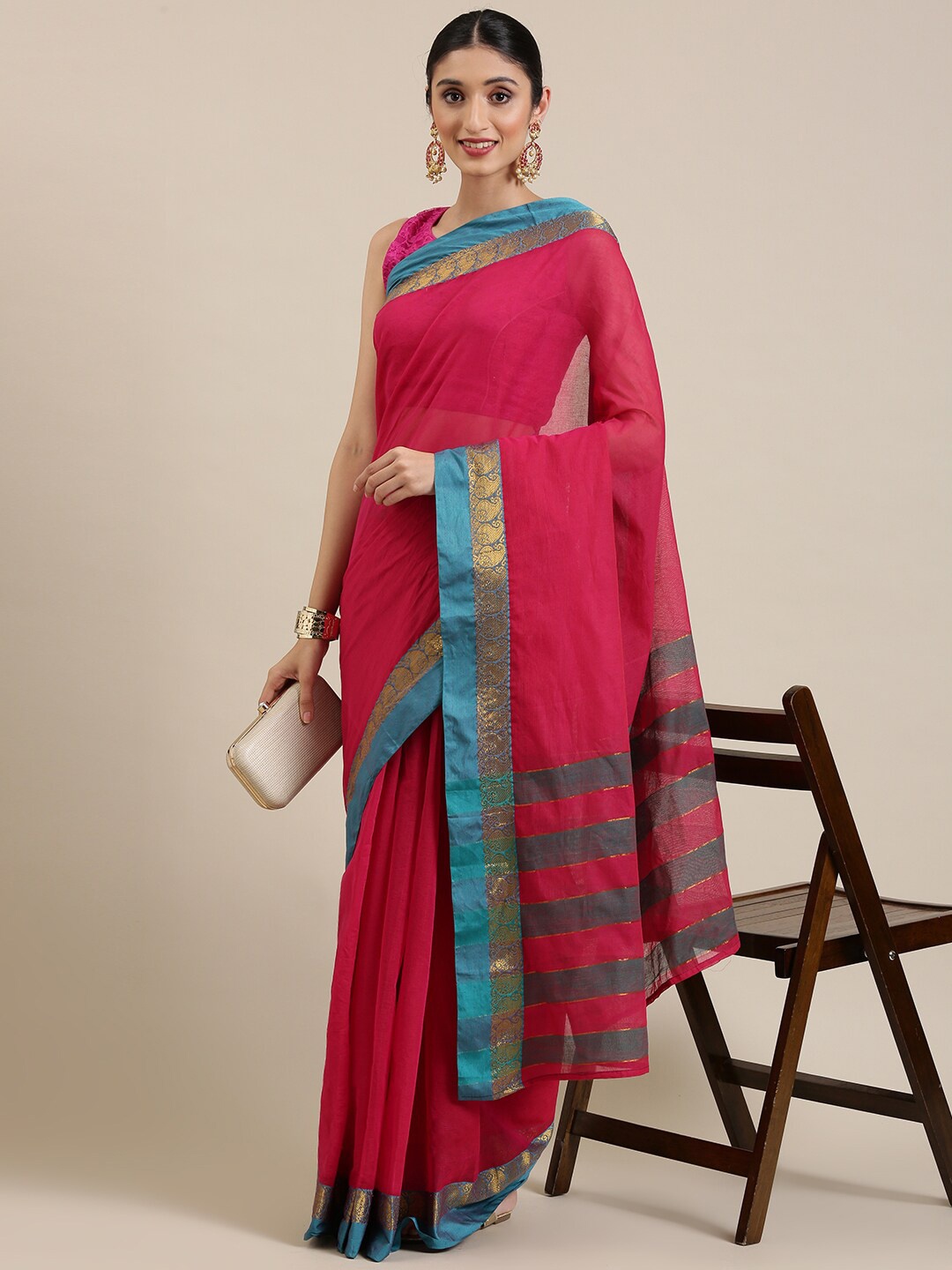 

Pavechas Zari Pure Cotton Mangalagiri Saree, Pink