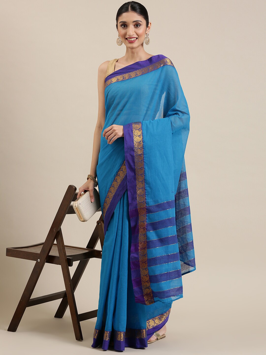 

Pavechas Zari Pure Cotton Mangalagiri Saree, Blue