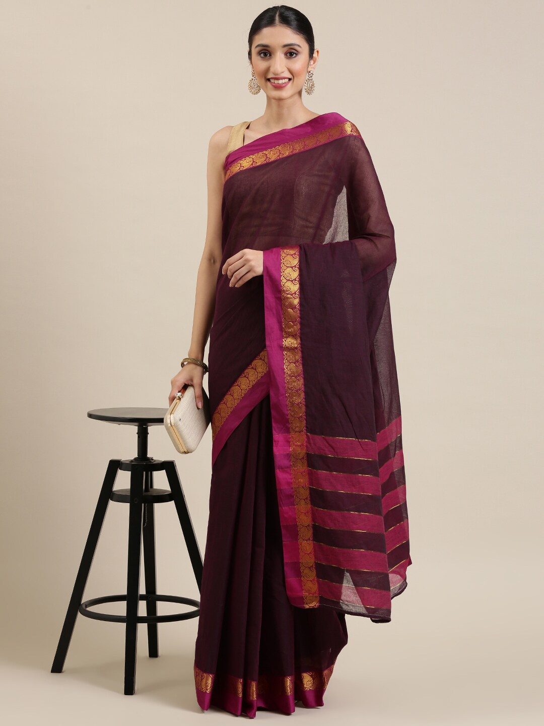 

Pavechas Zari Pure Cotton Mangalagiri Saree With Blouse Piece, Magenta
