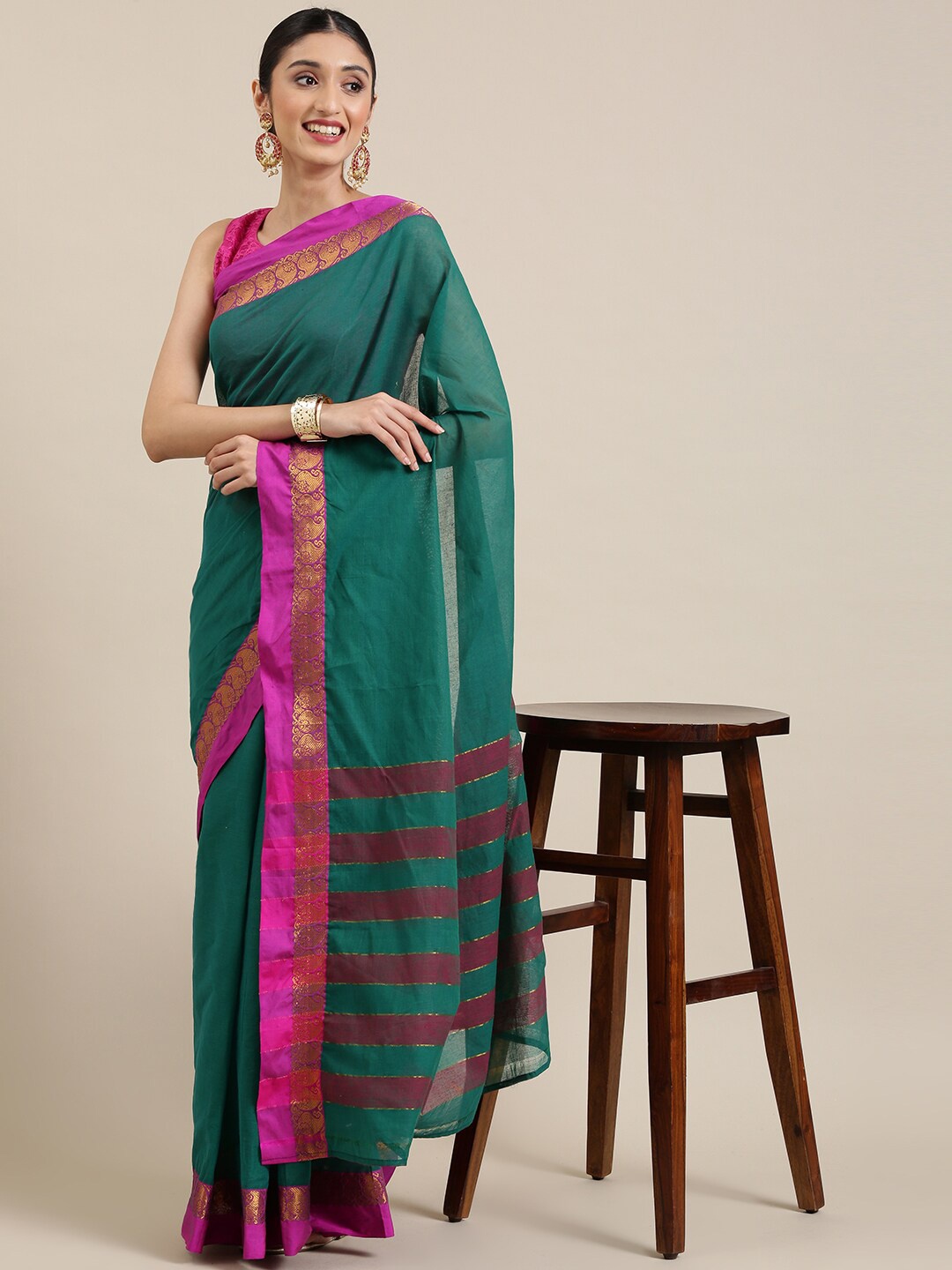 

Pavechas Zari Pure Cotton Mangalagiri Saree, Green