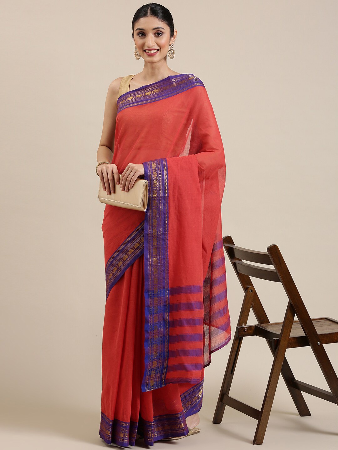 

Pavechas Zari Pure Cotton Chanderi Saree, Red