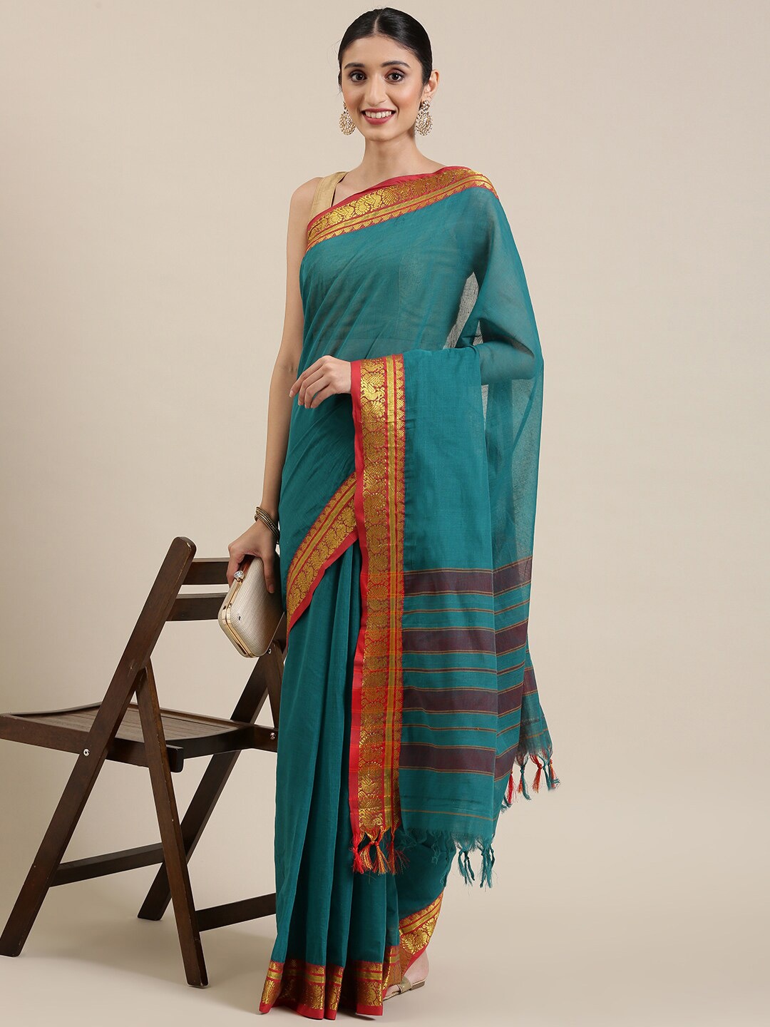 

Pavechas Zari Pure Cotton Mangalagiri Saree, Green