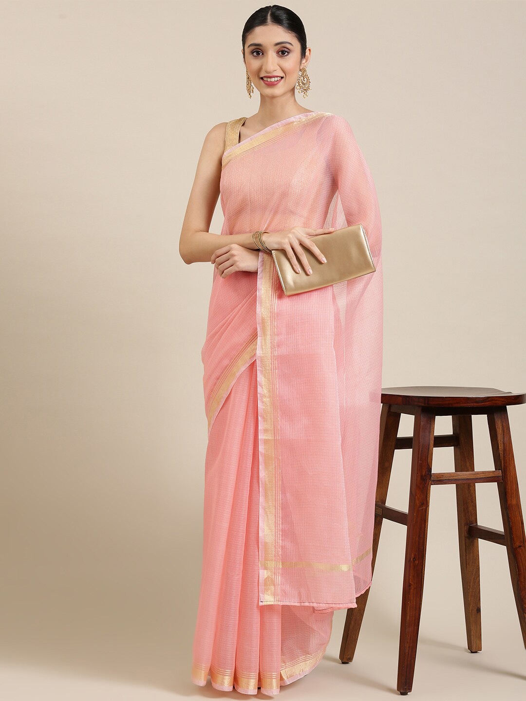 

Pavechas Zari Bordered Kota Jute Cotton Saree, Peach