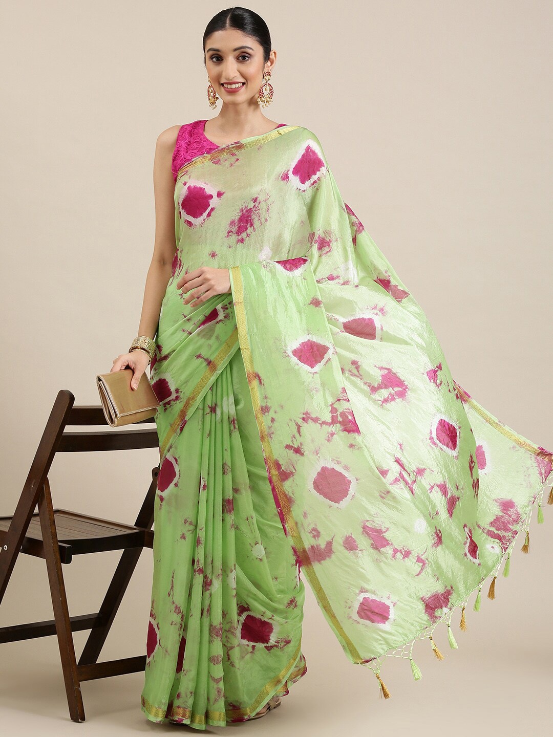 

Pavechas Tie and Dye Zari Art Silk Saree, Green