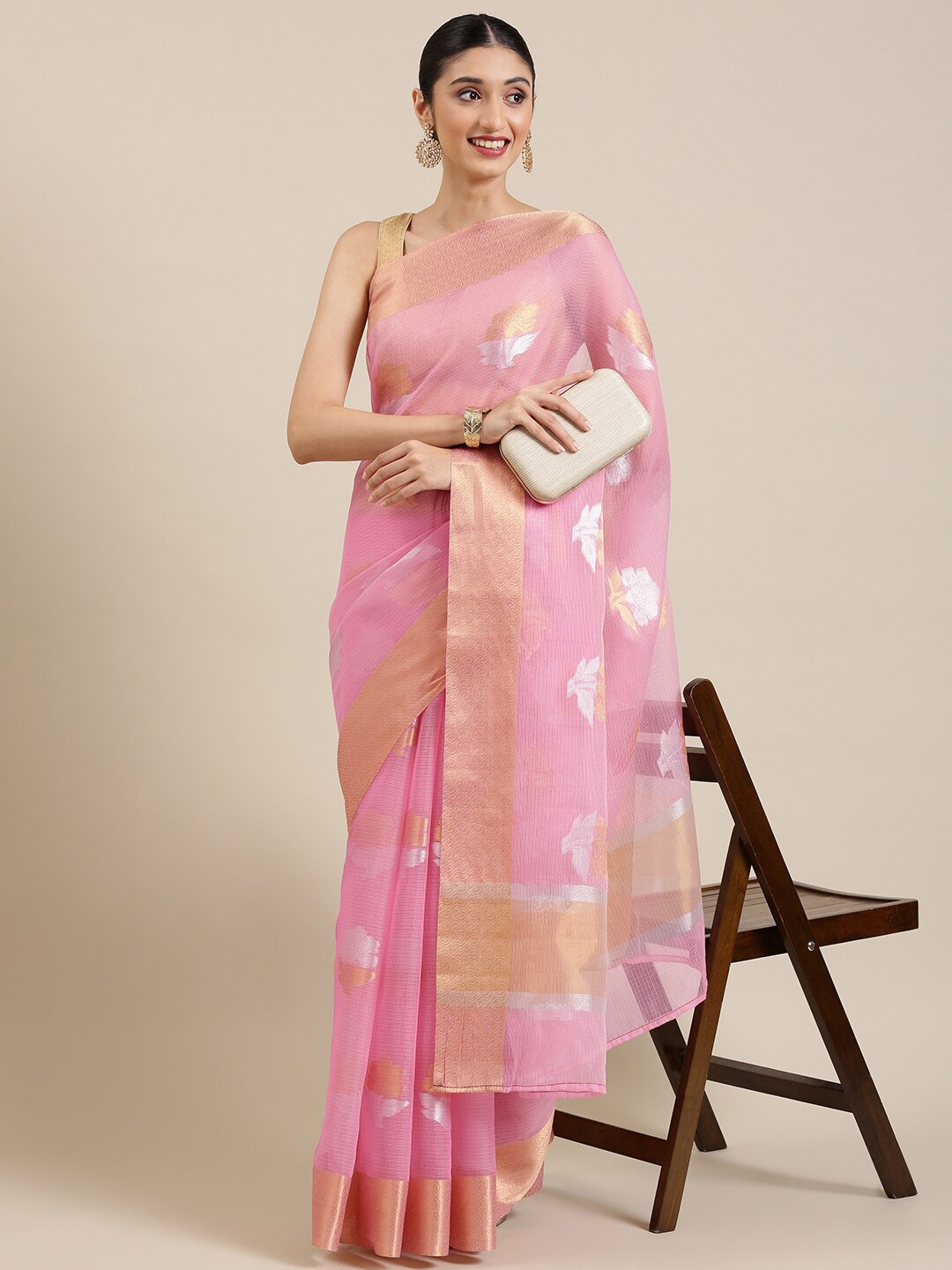 

Pavechas Woven Design Zari Jute Cotton Kota Saree, Pink