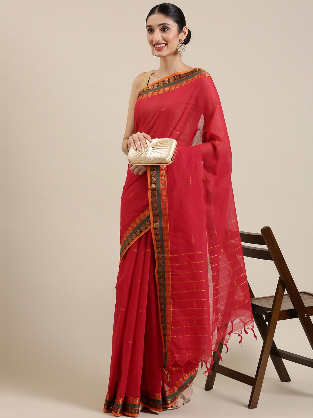 

Pavechas Woven Design Zari Pure Cotton Narayan Peth Saree, Red