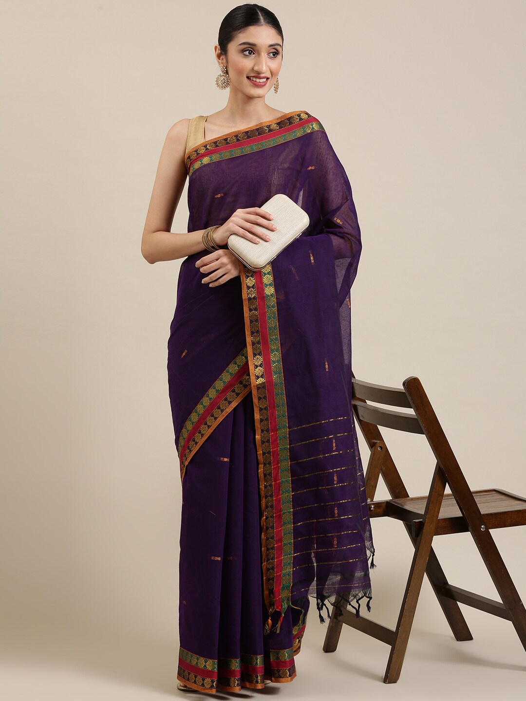 

Pavechas Woven Design Zari Pure Cotton Narayan Peth Saree, Violet