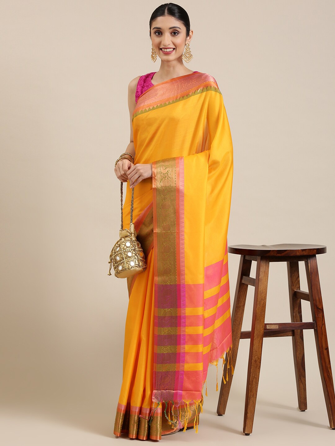 

Pavechas Zari Silk Cotton Banarasi Saree, Yellow