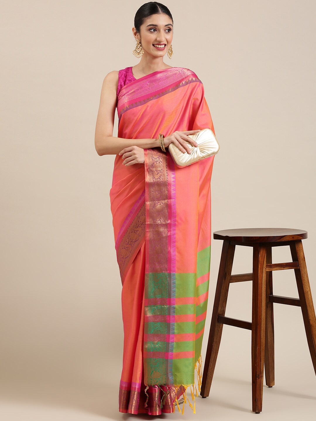 

Pavechas Zari Silk Cotton Banarasi Saree, Pink
