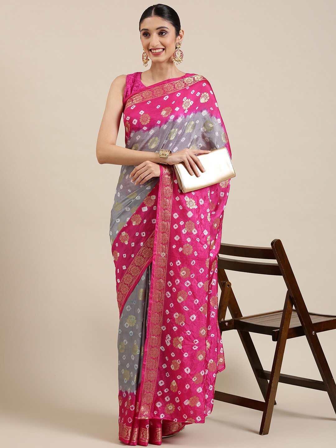 

Pavechas Bandhani Zari Art Silk Bandhani Saree, Grey