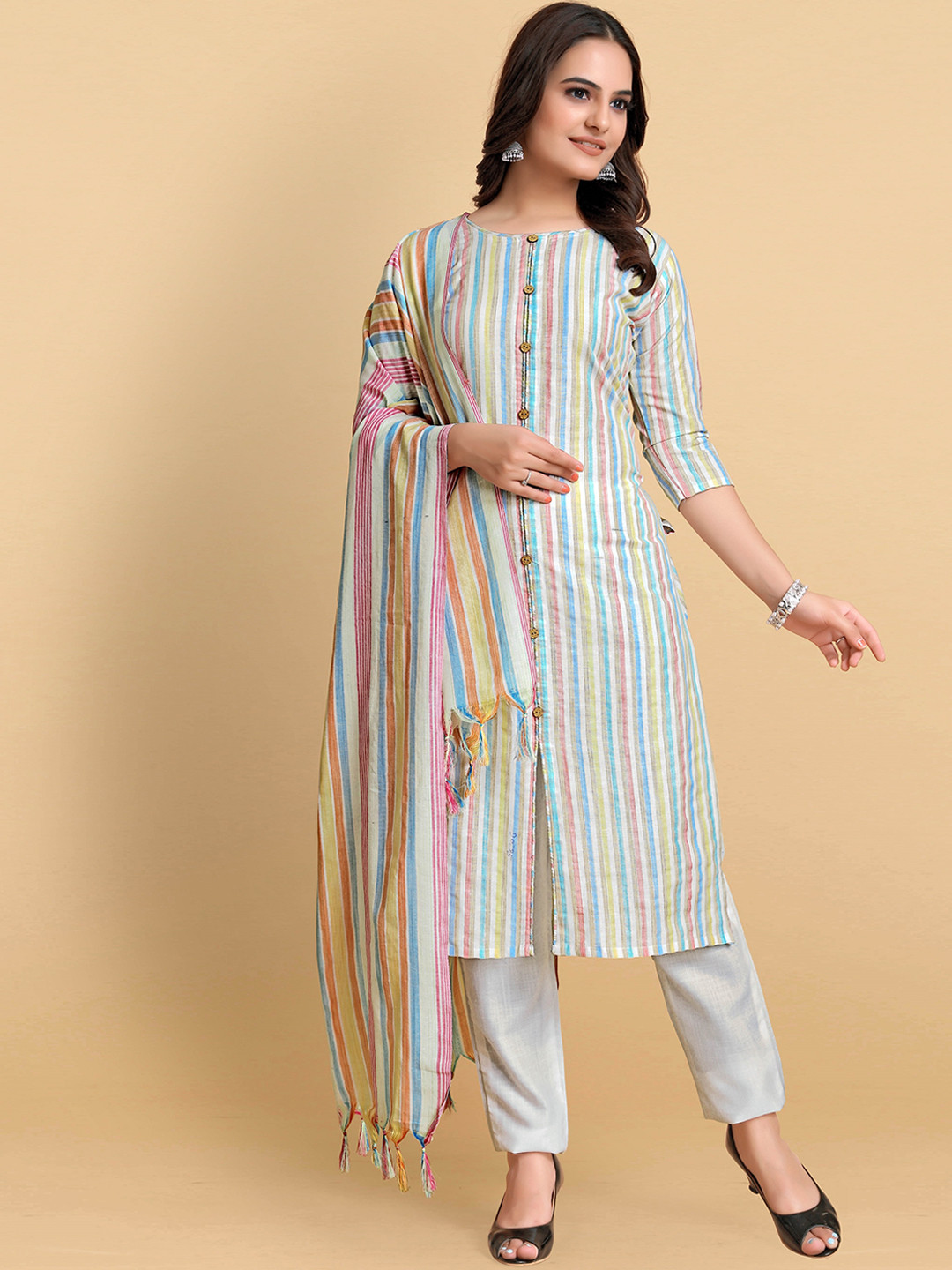 

AUCREATIONS Striped Pure Cotton Kurta with Trousers & With Dupatta, White