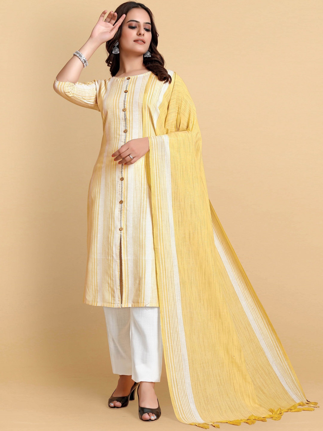 

AUCREATIONS Striped Pure Cotton Kurta with Trousers & With Dupatta, Yellow