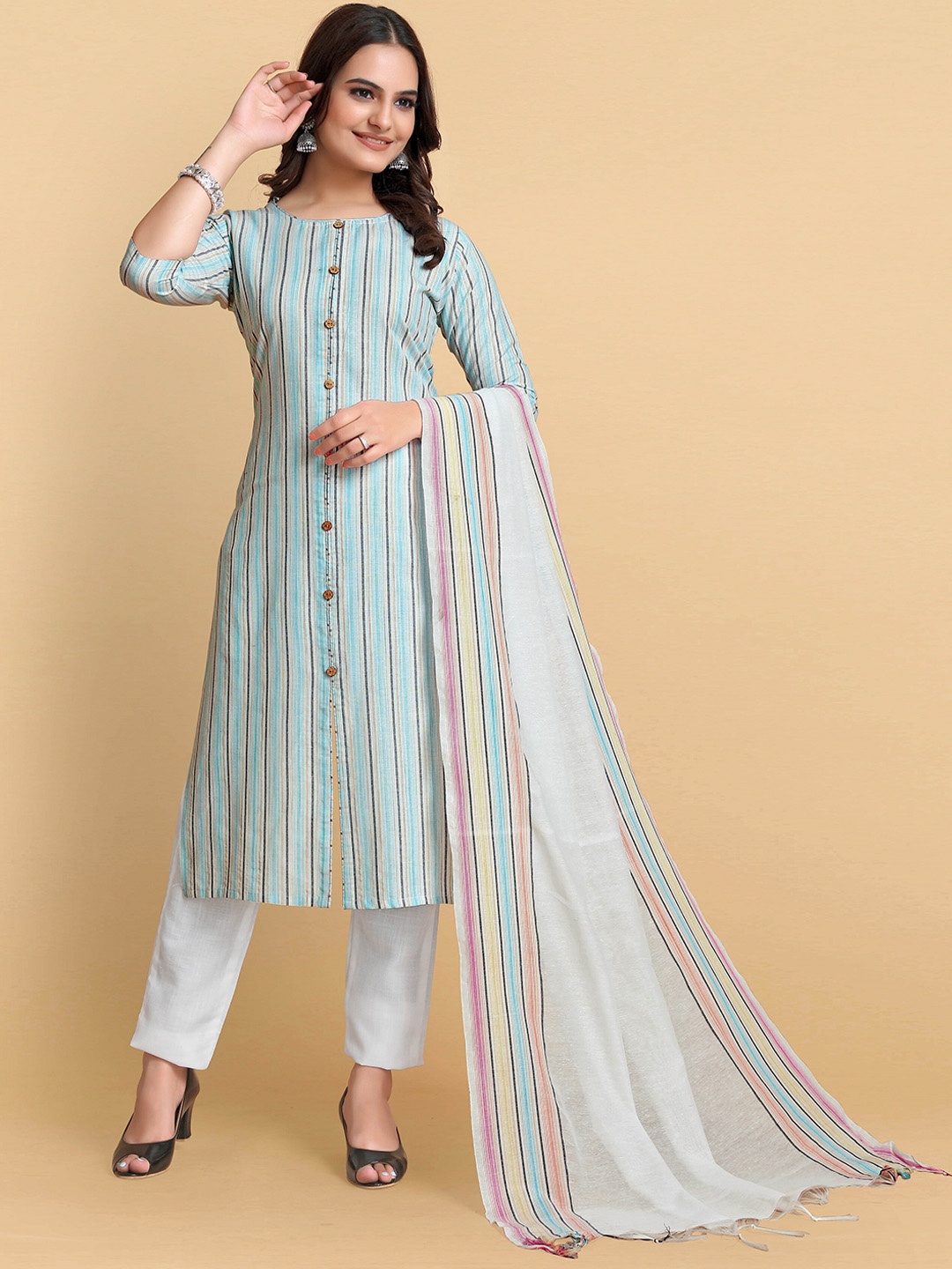 

AUCREATIONS Striped Pure Cotton Kurta with Trousers & With Dupatta, Blue