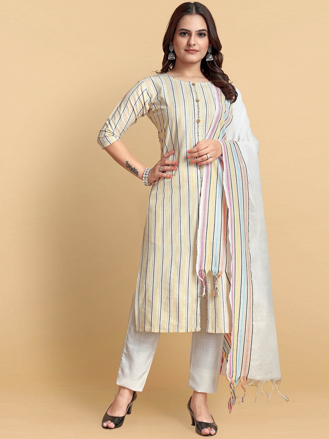 

AUCREATIONS Striped Pure Cotton Kurta with Trousers & With Dupatta, Yellow