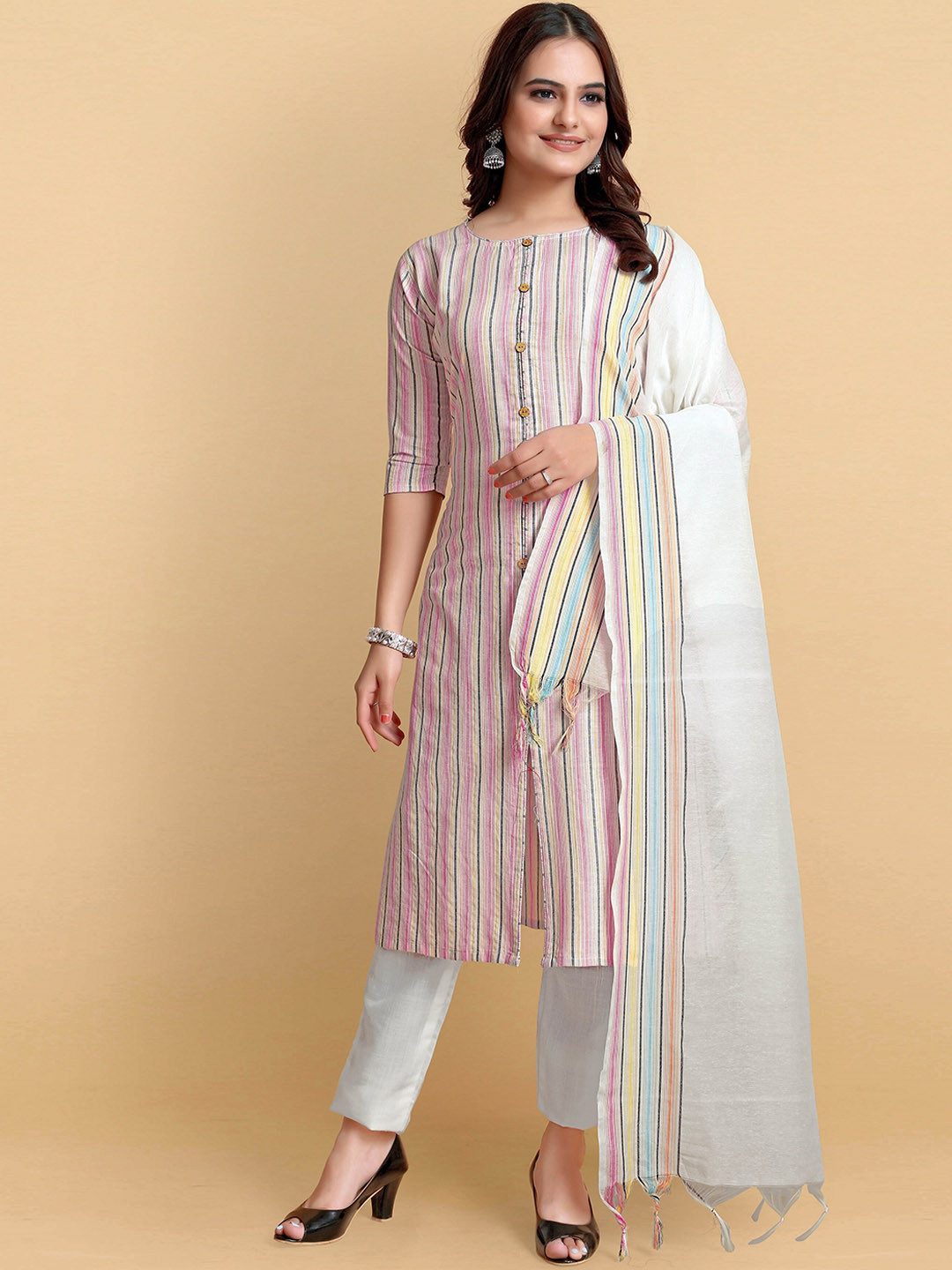

AUCREATIONS Striped Pure Cotton Kurta with Trousers & With Dupatta, Pink